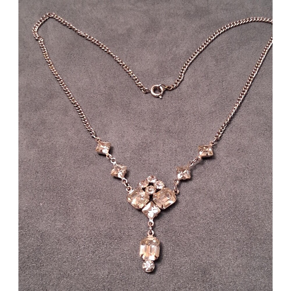Vintage Rhinestone Drop Necklace Emerald Cut & Square Stones
